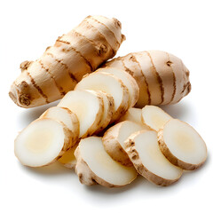 Fresh raw sliced galangal root, an aromatic spice and herb ingredient for healthy cooking, shows clean, appealing texture