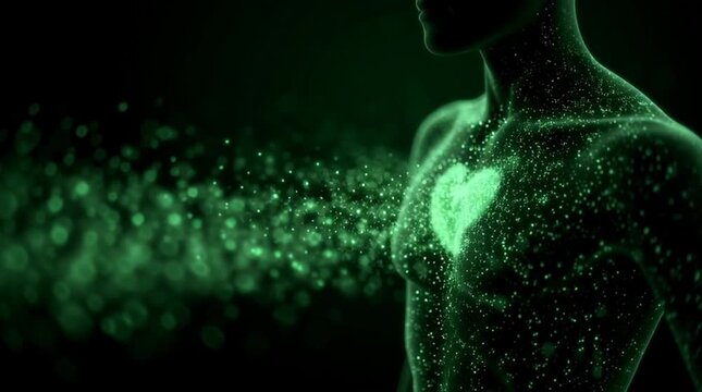 Close-up silhouette of human chest with green heart chakra light gently expanding and contracting like breathing, soft particles drifting outward, creating a calm, spiritual, loop-ready visual.
