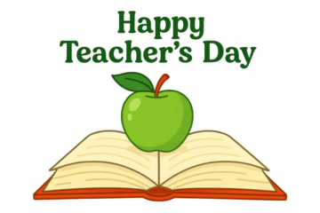 Happy teacher's day message with green apple sitting on an open book, celebrating education and gratitude