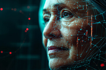 Interacting with digital holographic interface in futuristic virtual space innovation scene, generative ai