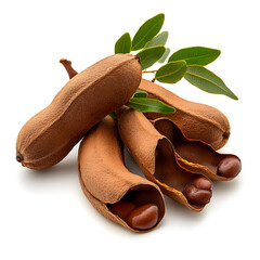 Fresh raw tamarind fruit pod with pulp and leaf isolated on white background. tropical and exotic healthy food ingredient