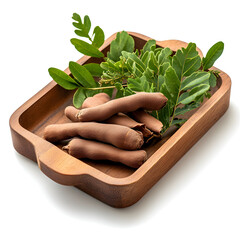 Fresh tamarind fruit pod with green leaf on wooden tray. healthy, natural, and organic food ingredient