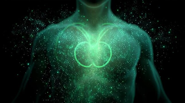 Close-up silhouette of human chest with green heart chakra light gently expanding and contracting like breathing, soft particles drifting outward, creating a calm, spiritual, loop-ready visual.

