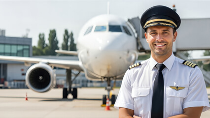 Male pilot in uniform stands confidently at airport with airplane in background, showcasing aviation profession and dedication to flight safety and service