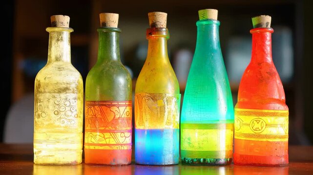 Unique glass bottles displayed on a wooden table during daytime in a cozy indoor setting