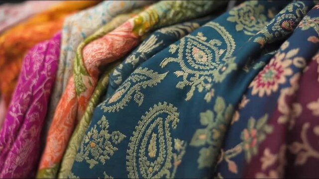 Vibrant fabrics on display with colorful patterns and textures
