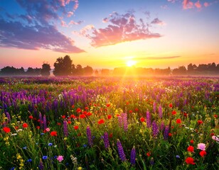 Sunrise over a vibrant wildflower meadow