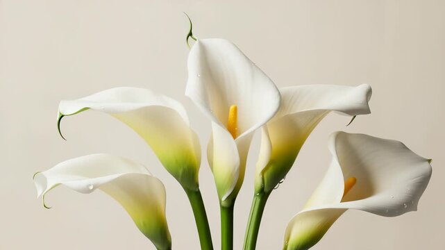 Close-up of delicate white calla lilies with morning dew drops, showcasing natural elegance and botanical beauty for floral design and springtime concepts.