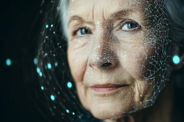 Interacting with digital holographic interface in futuristic virtual space innovation scene, generative ai