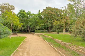 Fototapeta premium Green city park on Montjuic hill, Barcelona, Catalonia, Spain 