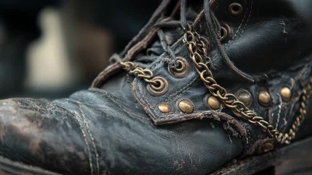 Black leather boot with chain detail and metal studs on display, showcasing wear and age, captured in a close-up shot at a vintage store featuring many unique items