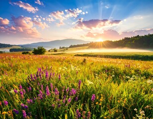 Sunrise over a wildflowers meadow