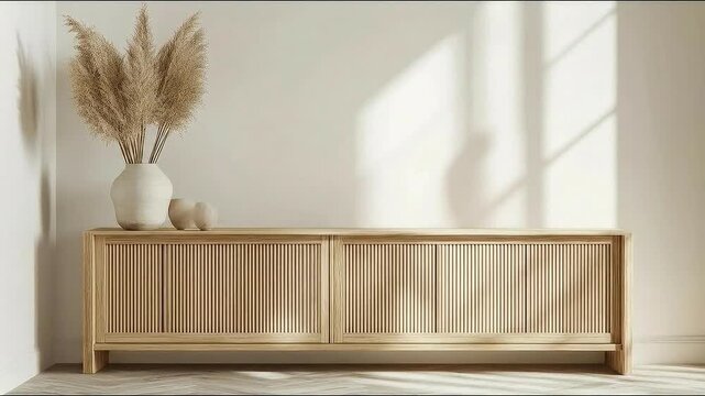 Natural wood sideboard with sliding doors and a vase of pampas grass on top, in a sunlit room.