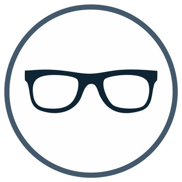 Stylized black hipster eyeglasses icon with thick frames inside a dark blue circle