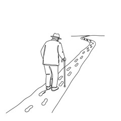 Old man walking on snow path.  Elderly Man Walking on a Path - Hand-Drawn Illustration of Senior Life Journey