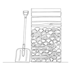 Shovel and firewood stack.  Firewood Sketch: Pile of Logs with Shovel - Outline Drawing, Winter Fuel, Fireplace, Heating, Simple Line Art, Illustration