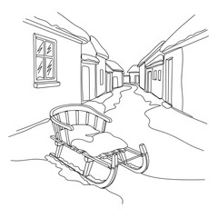 sled in village alley. Winter Village Scene with Sleigh Outline: Hand-Drawn Illustration for Coloring Books, Cards, and Holiday Designs. Snowy Landscape, Christmas Sleigh