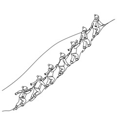 children climbing snowy hill. Children Climbing a Rope Bridge - Line Art, Group Effort, Teamwork, Winter Activity, Adventure, Black and White Illustration, Kids Helping Each Other, Challenge

