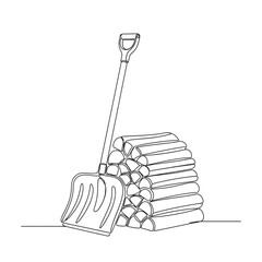 Shovel and firewood stack. One-Line Drawing: Snow Shovel and Stacked Firewood - Winter Season, Snow Removal, Wood Pile, Minimalism, Line Art, Simple Illustration