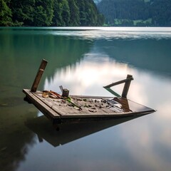 Sunlit lake with submerged wooden plank