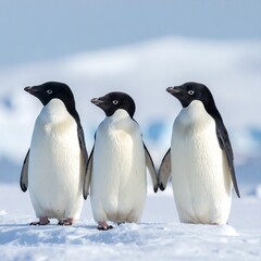 Obraz premium Three Adelie penguins on snow
