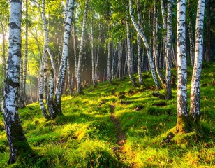 Sunlit path through a birch forest