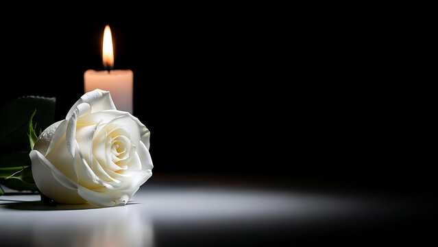 White rose and a lit candle on a dark background, symbolizing remembrance or loss