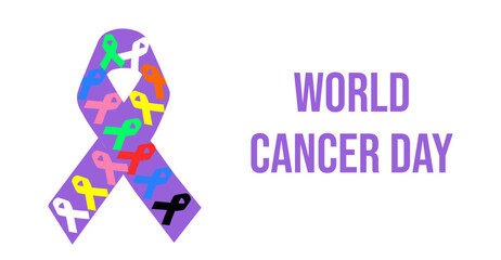 Banner for World Cancer Day with a purple ribbon made up of multi-colored ribbons symbolizing different types of cancer