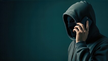 Hooded figure with a concealed face, holding a smartphone, symbolizes the world of cybercrime and telephone scammers, representing anonymity and deceit in modern society