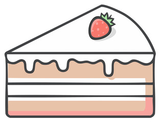 Cartoon Slice of Cream Cake Decorated with Strawberry, Delicious and Sweet
