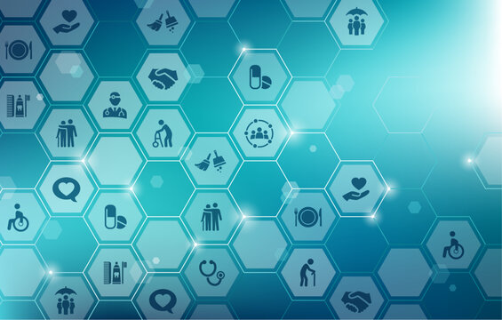 Care vector. Blue concept with icons related to nursing care, domestic or household help, assistance for disabled persons - compassionate & professional support, rehabilitation, healthcare.