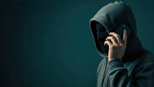 Hooded figure with a concealed face, holding a smartphone, symbolizes the world of cybercrime and telephone scammers, representing anonymity and deceit in modern society