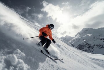 Skier in orange jacket carving downhill on snowy mountain slope