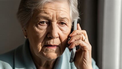 Elderly woman speaking on the phone with a concerned expression, highlighting the emotional impact of telephone scams and cybercrime on vulnerable individuals