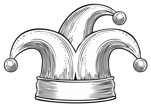 Whimsical Jester Hat with Pointed Bells and Ribbed Band in Vintage Engraving Style Artwork