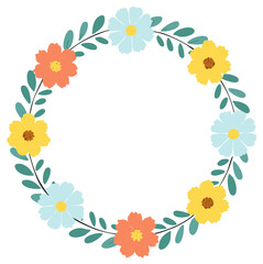 Obraz premium Floral wreath with various colorful flowers and green leaves. Floral frame for design.