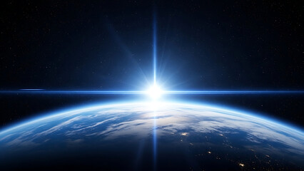 Obraz premium Earth Sunrise from Space with Blue Light and Star Field