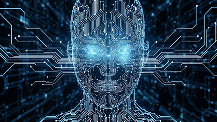 Digital Brain and Futuristic Face Representing Artificial Intelligence and Technological Advancement