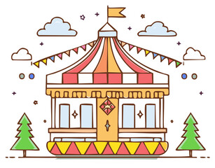 Obraz premium Colorful carnival carousel ride with striped tent and festive flags in a cute doodle style illustration
