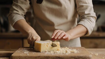 Person Cutting Cheese on Wooden Board.