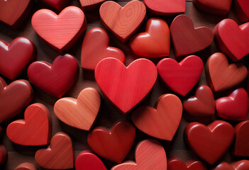Obraz premium A dense textural arrangement of wooden hearts provides a warm, organic background for graphic design and branding projects.