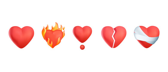 Red hearts emojis. Love Hearts emoji. 3 emoticons isolated on white background. Red color hearts, bandaged heart, heart in fire, broken, vector emoji. Isolated. 3D render vector illustration