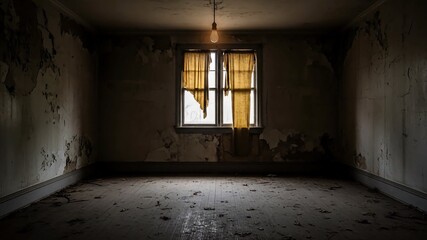 Obraz premium Abandoned room with peeling walls and a single light bulb