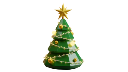 Christmas tree isolated on transparent background with gold decorations