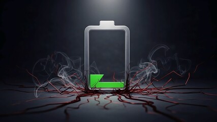 Low battery with smoke and cracks symbolizing technology failure