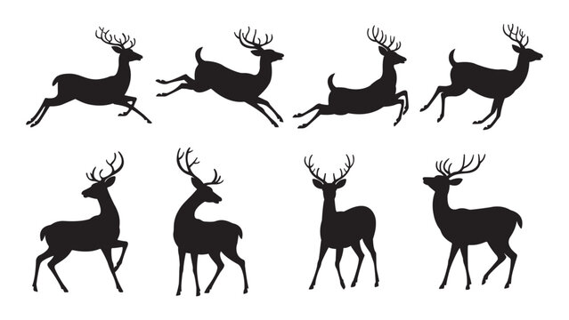 Vector illustration collection of black deer silhouettes in various running poses