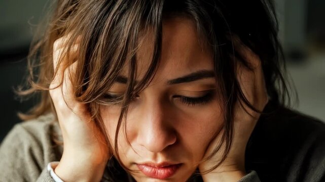 Female PTSD concept: traumatized woman in emotional stress with disheveled hair, presses hands to face