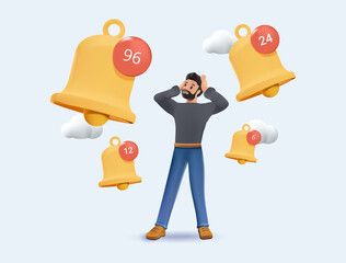 Unhappy stressed man and messages and text notices. Anxious guy quit notifications feel annoyed and overwhelmed with spam. Vector illustration