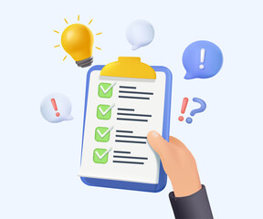Hand Write Checklist On Paper Business Person 3D vector illustration. Checking tasks on clipboard checklist. Productivity, organization, schedule, and task management. To do lists, survey