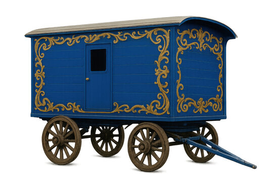 Blue vardo caravan on wheels with traditional ornate gold filigree scrollwork, depicting nomadic life and travel